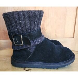 UGG Cambridge US 5 Y2K Black Suede & Knit Buckle Boots Cozy Warm Preppy Winter